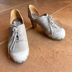 Sanita Leather Lace Up Heeled Clog with Brass Tacks and Wooden Soles size 7-7.5